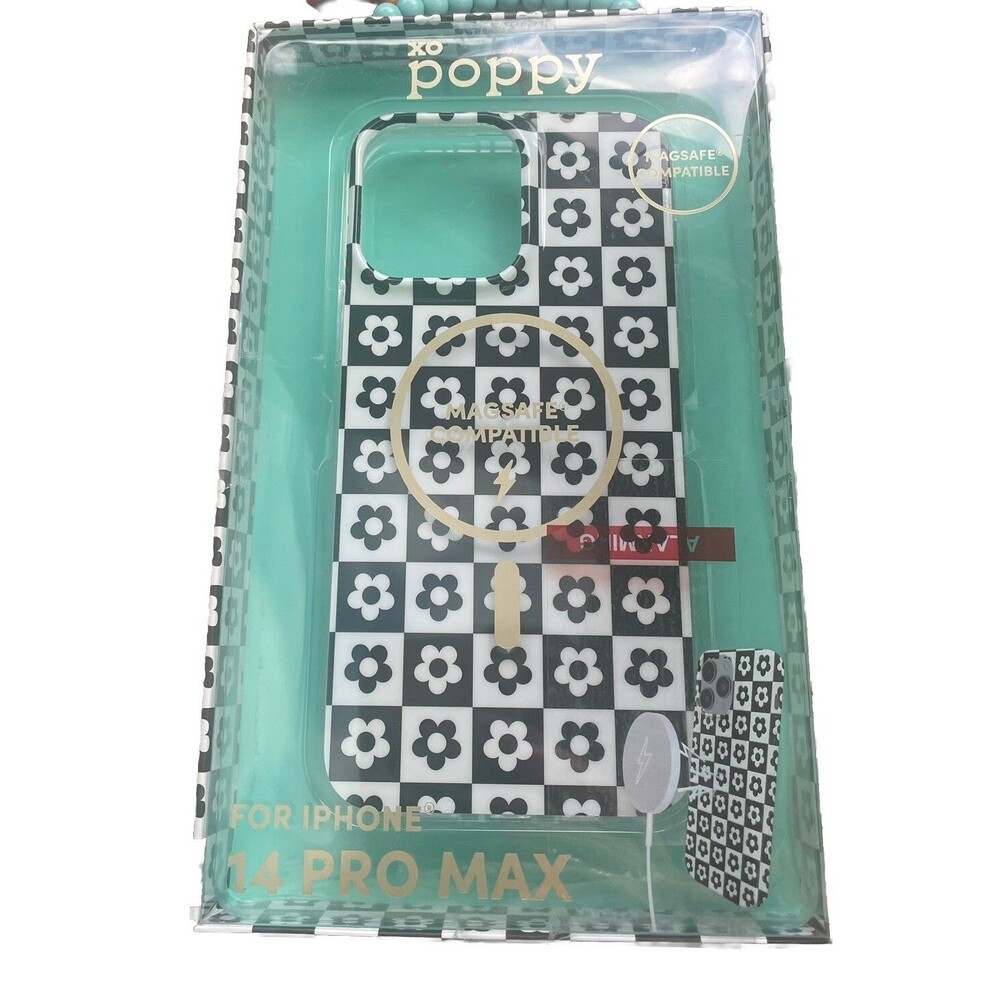 XO Poppy IPhone 14 Pro Max Case MagSafe Black White Checkered Flower Print New